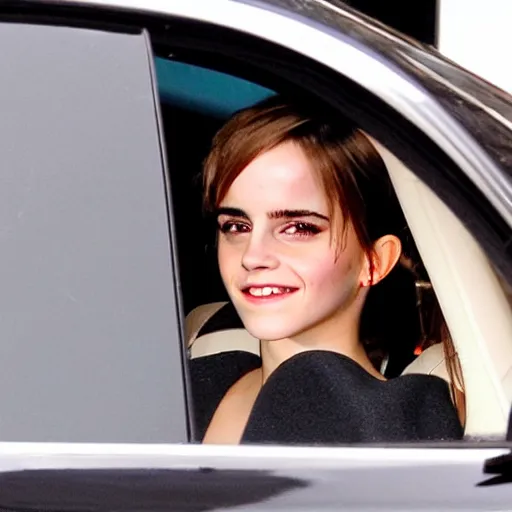 Image similar to emma watson unapologetically grinning, seen from a car window, paparazzi photo, tabloid, flash photography