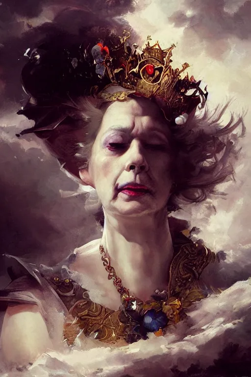 Prompt: art masterpice, hysterical clown faced queen elizabeth descending from the clouds, intricate, beautiful cinematic lighting, stunning painting by artgerm, caravaggio, ruan jia, wadim kashin