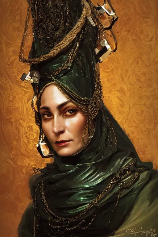 Prompt: portrait, headshot, digital painting, of a 17th century, beautiful, middle aged, middle eastern, wrinkles, decadent, cyborg noble woman, dark hair, amber jewels, baroque, ornate dark green opulent clothing, scifi, futuristic, realistic, hyperdetailed, concept art, chiaroscuro, side lighting, art by syd mead