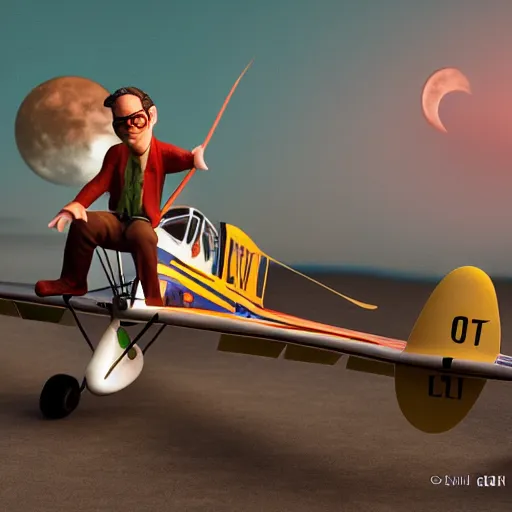 Image similar to full moon, figurines, travel, biplane!, propel, tilt shift, style of 3 d daz, occlusion, white clay, style of dave mckean, style of shuzo oshimi, style of will eisner, full of color, on white, smooth, thin sharp lines, detailed, octane render