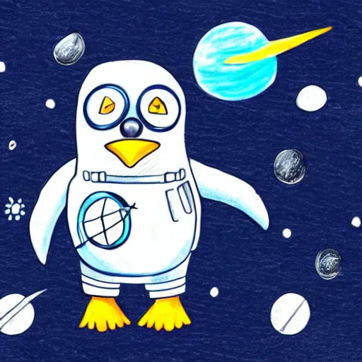 Image similar to cute drawing of a penguin on an astronaut suit, helmet on, floating on space, cartoon style, solid color, symmetric