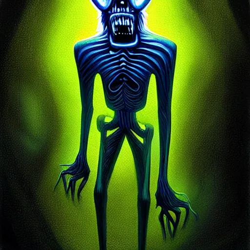 Image similar to Tim Jacobus art, Wendigo in suburbs, outside, upward angle, neon colors, spooky lighting, clouds, painting, Goosebumps books, realistic, horror
