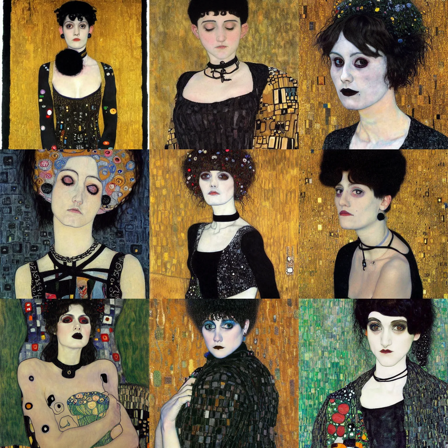 Prompt: A goth painted by Gustav Klimt. Her hair is dark brown and cut into a short, messy pixie cut. She has a slightly rounded face, with a pointed chin, large entirely-black eyes, and a small nose. She is wearing a black tank top, a black leather jacket, a black knee-length skirt, a black choker, and black leather boots.