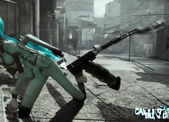 Prompt: hatsune miku cosplayer smoking a bong in call of duty black ops 2, call of duty screenshot, ps3 game,