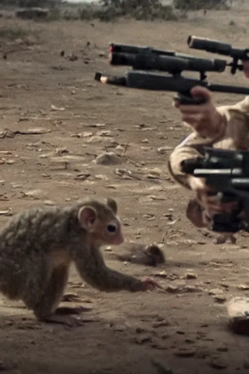 Image similar to cinematography of a tiny war happening on a dining table between militarized bush babies. by Roger Deakins