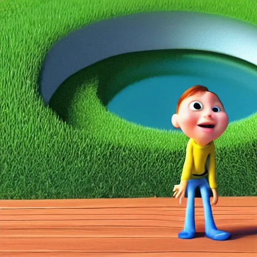 Image similar to a person looking through a circular hole directly at the camera, pixar animations. 3D