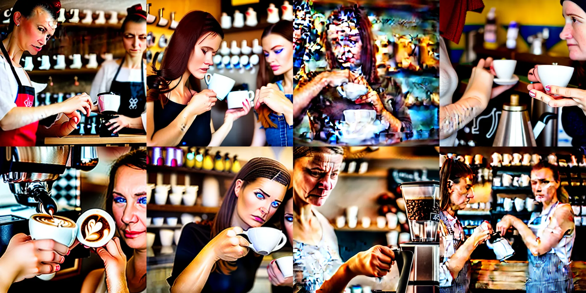 Prompt: professional close-up photo of two women creating a coffee in a shop very detailed eyes, Ukraine. professional photo