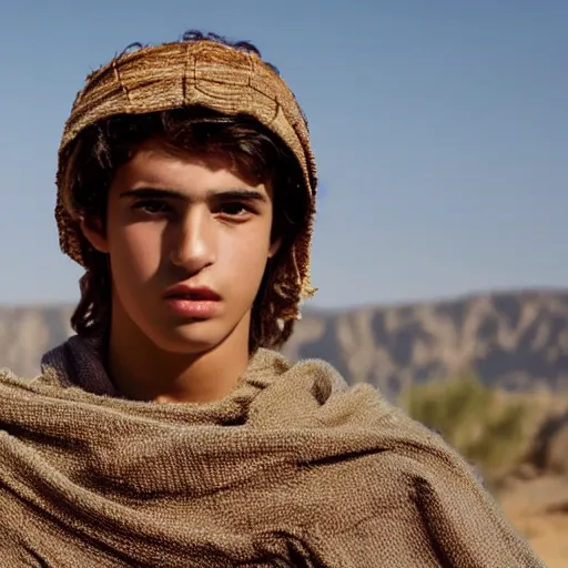 Prompt: award winning cinematic still portrait of handsome 17 year old Mediterranean skinned man in Ancient Canaanite clothing, colorful cloak, short hair, Biblical epic directed by Steven Spielberg