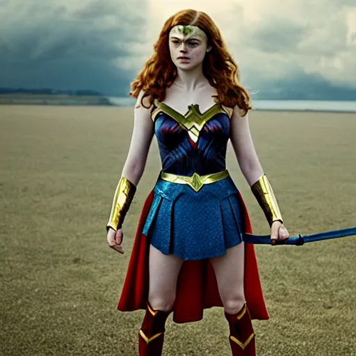 Image similar to film still of sadie sink playing wonder women, hd, 8 k, high resolution, cinematic, golden hour lighting, beautiful hair, holding golden whip