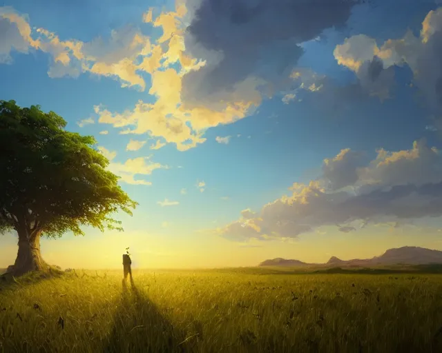 Image similar to a painting of a man standing in a field at sunset, a detailed matte painting by makoto shinkai, cgsociety, neo - primitivism, anamorphic lens flare, matte painting, global illumination