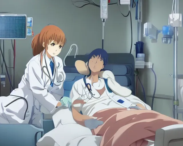 Image similar to a cute and beautiful young female doctor wearing white coat are taking care of a patient on a bed in a hospital ward, slice of life anime, anime scenery by Makoto shinkai