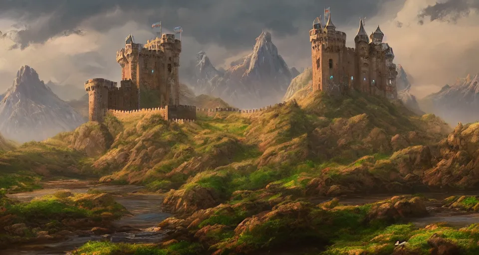 Image similar to A magnificent castle on the stretches of a vast land, fancy crenellations and sturdy reinforced walls looking, rivers and ocean, high mountains, painted in the style of concept artist Michael Kus, 4k