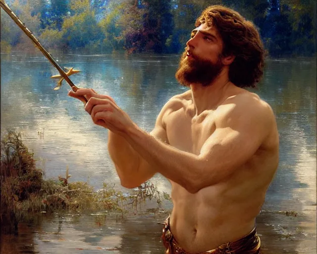 Image similar to attractive male wizard casting powerful water spell in a beautiful lake. highly detailed painting by gaston bussiere, craig mullins, j. c. leyendecker 8 k