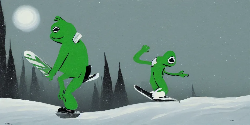 Image similar to pepe the frog snowboarding, gloomy landscape, painted by christopher radlund