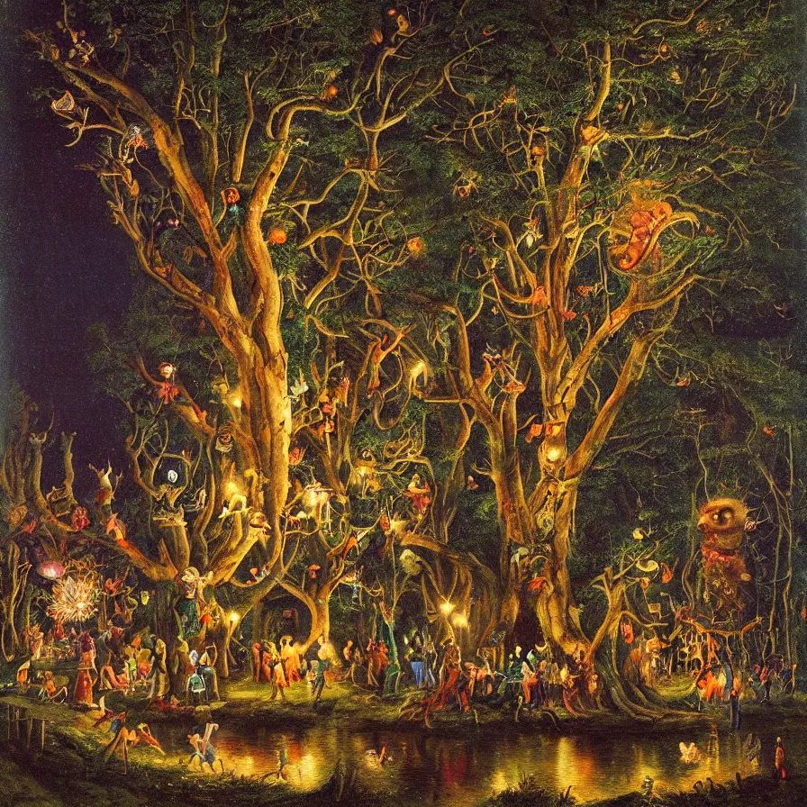 Image similar to a night carnival around a magical tree cavity, with a surreal orange moonlight and fireworks in the background, next to a lake with iridiscent water, christmas lights, folklore animals and people disguised as fantastic creatures in a magical forest by summer night, masterpiece painted by julius schnorr von carolsfeld, dark night environment