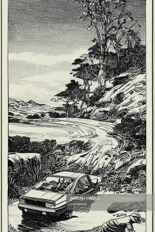 Image similar to 19th century wood-engraving of Toyota Corolla V, whole page illustration from Jules Verne book, art by Édouard Riou Jules Férat and Henri de Montaut, high quality, beautiful, removed watermarks