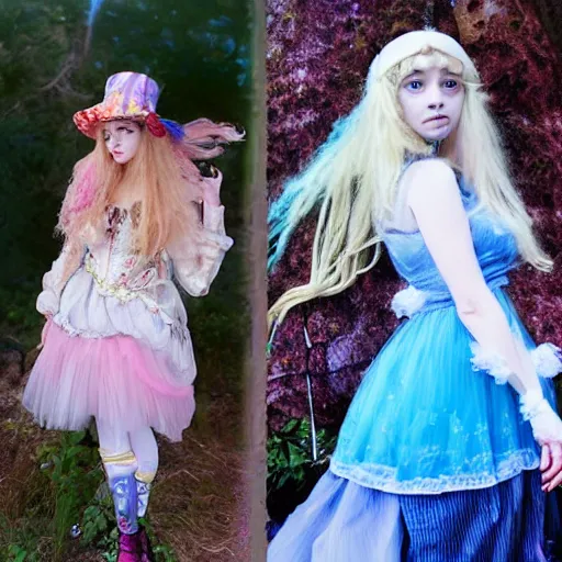 Prompt: 2 figures, the Mad Hatter and Alice in Wonderland, she is a young princess, looks like a mix of Grimes, Lana Del Rey, Zoë Kravitz, and Aurora Aksnes, with cool windswept pastel colors blonde hair, billowing gossamer dress of lace, tulle and embroidered pearls, in the style of Japanese shoujo manga, inspired by pre-raphaelite paintings, mc Escher, John Singer Sargent, marbled, candles, lanterns, tea party, Mad Hatter, hen of the woods mushroom, fungi, gnarled trees, patterned tree shadows light showing through forest canopy, bioluminescence, Haliotis iris, tapetum lucidum, snakeskin, feathers, wings, elytra, begonia, bismuth oxide, goethite, iron oxide, labradorite, cloud iridescence, parhelion, compact disc, Aurora borealis, Swarovski crystals, optically variable ink, fireflies, chameleon, Rayleigh scattering, light dispersion, diffuse sky radiation, Tyndall effect, polarization, metallic, opalescence, bleaching, colored smoke, bloom, tie-dye, dye, Stained Glass, goniochromism, iridescence, oil slick, soap bubbles, nacre, opal, illumination, spectrum, prism, aura, thin fielm, wave interference, moire, pearlescent, refractioyn, reflective, rainbow, gradient, iris, chroma, diffraction, chromatic aberration, hue, phase shift, palette, focal point, rays, saturation, illumination, color wheel, pigments, glitter, anisotropy, bioluminescence, chromatophores, metachrosis, camouflage, Victorian, phantasmagoric, dreamlike, ethereal, dynamic composition, dramatic vista, vast landscape, 4K shot, hyper photorealistic, perfect CGI, Arnold render, unreal engine 5