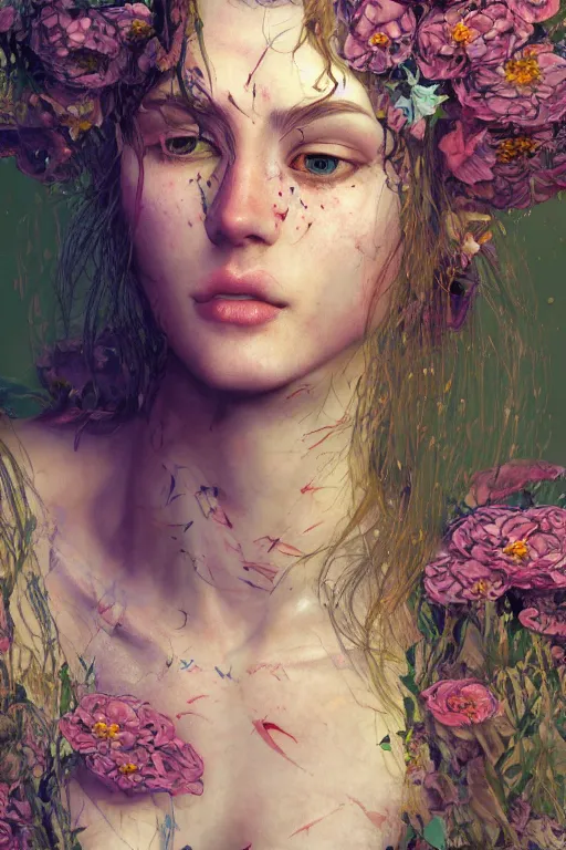 Image similar to portrait of beautiful young maiden, warhammer, cyberpunk, a lot of scars, more and more flowers, readhead, the future ages, highly detailed, artstation, illustration, art by gustav klimt, 8 k quality