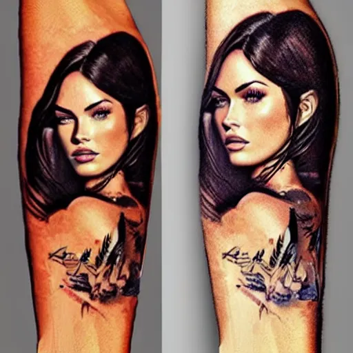 Image similar to tattoo design sketch of megan fox mash up effect with beautiful mountain scenery, in the style of matteo pasqualin, amazing detail