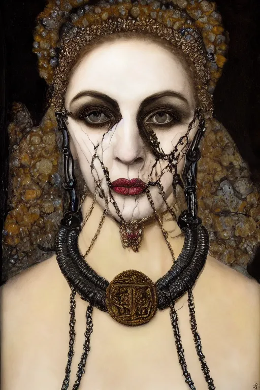 Prompt: hyperrealism close - up mythological portrait of a beautiful medieval woman's fractured face blended with dark obsidian and crystallic flowers in style of classicism, black massive chains around the neck, pale skin, ivory make up, wearing black silk robe, dark and dull palette acrylic paintdrip and magenta tar, repaired with kintsugi