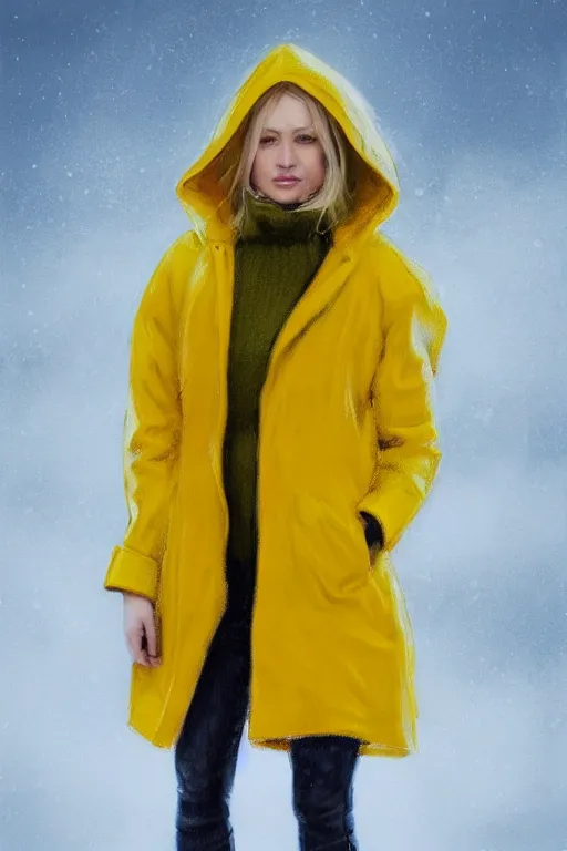 Image similar to a full body high detail portrait oil painting illustration of beautiful blonde woman with face and body clearly visible , dressed in yellow raincoat and yellow rubber boots walks in smal town in Finland, realistic proportions, d&d, rpg, artstation trending, high quality, artstation trending, no crop, entire person visible, natural light, width 768