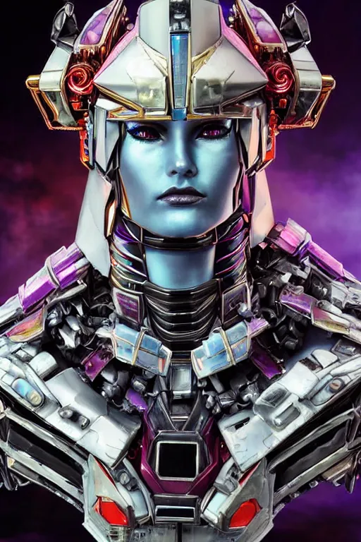 Prompt: a dramatic full-color sensual erotic futuristic mecha queen bust portrait ,godlike and stoic, with strong judging eyes, extremely detailed cybernetic engraved armor and intricately detailed mecha helmet, perfectly symmetrical facial structure and framework, beautiful yet cruel alien facial features of cybertron themes, by josh nizzi and steve jung and vitaly bulgarov, dark sci-fantasy, deeply ornate complexity, female face and bust, human anatomy mixed with transformer and cyborg characteristics, sci-fi character concept, photorealism, art nouveau framing, stunning lighting, hyperrealism, 8k