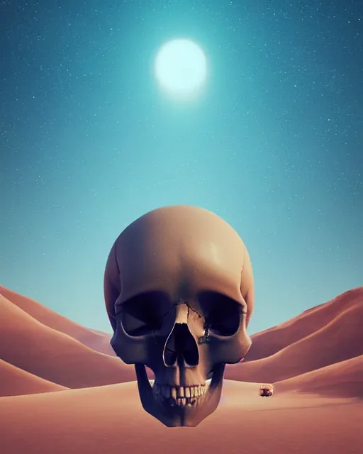 Prompt: epic composition of a skull in dystopian dessert landscape by stuart lippincott, 8 k trending on behance