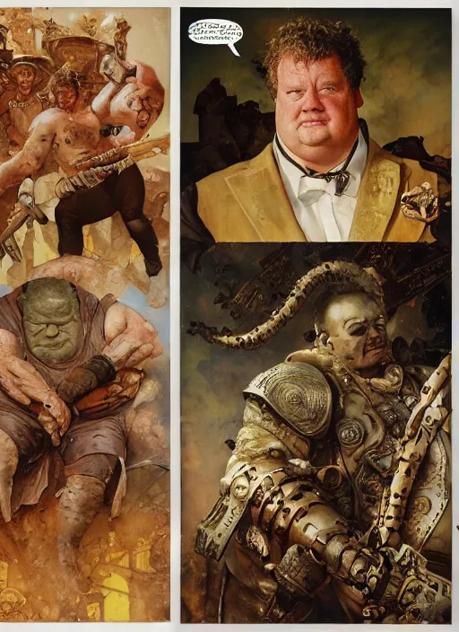 Prompt: kenneth mcmillan as baron vladimir harkonnen, dynamic, by norman rockwell and craig mullins and lawrence alma tadema and greg staples and nc wyeth and tom lovell, arstation baron character