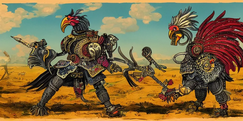 Prompt: colorful illustration of a pompous fully armoured mechanical rooster warrior in a farm landscape, dieselpunk, mix of styles, angry, aggressive