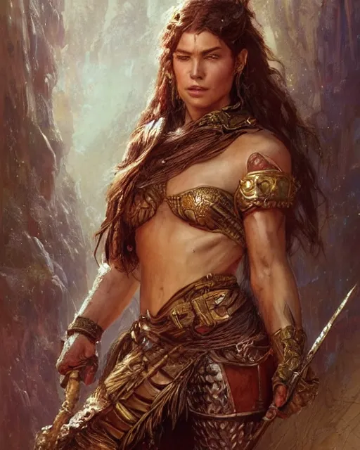 Image similar to a fierce and muscular warrior princess in scale mail, fantasy character portrait by greg rutkowski, gaston bussiere, craig mullins