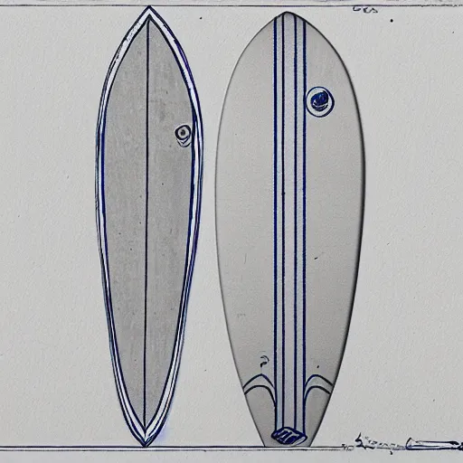 Image similar to blueprint sketch of a beautiful surfboard painted by leonardo da vinci, technical sketch, high detail, charocal drawing, firewire gofish, pukas surfboards, channel island surfboards