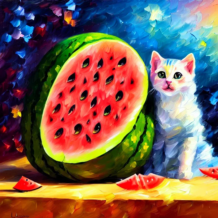 Image similar to colourful painting of cute little kitty and watermelon, art in paul lehr and leonid afremov style, close shot, bright, evening, soft lighting, focus, masterpiece art