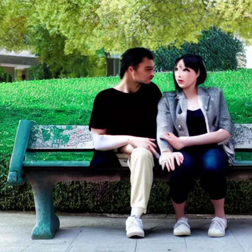 Prompt: a couple sitting on a park bench, vaporwave