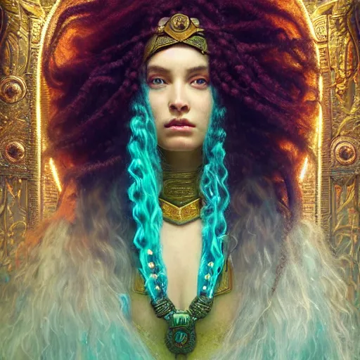 Image similar to octane render, artstation, 8 k, intricate detail, hyper detail, portrait by gaston bussiere, greg rutkowski, sandro botticelli, tan lady of elche egyptian sumerian techno mystic goddess princess intergalactica inanna with aqua neon rapunzel dreadlocks,