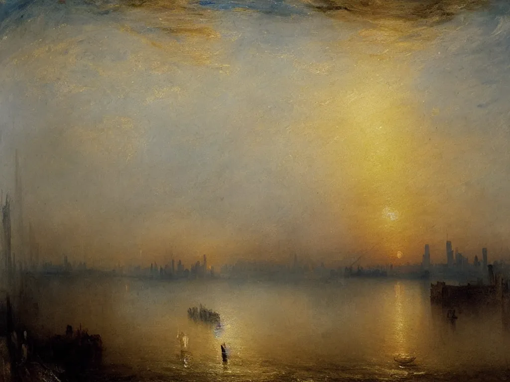Prompt: high quality oil painting by j. m. w. turner, hudson river with manhattan skyline