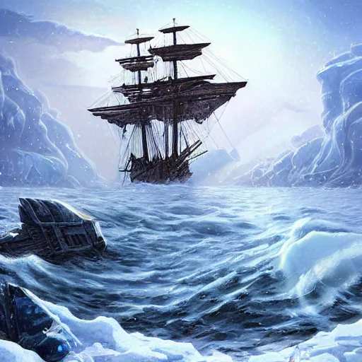 Prompt: a victorian era exploration frigate lost in the arctic, attacked by a polar kraken, in a snowstorm art by artgerm and Todd Shorr, featured on artstation