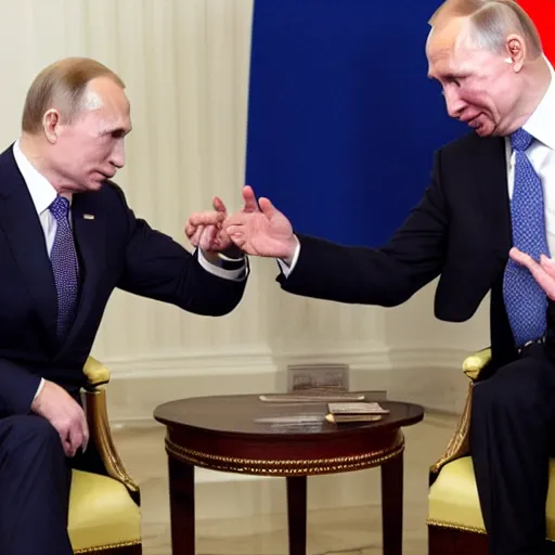 Image similar to biden and putin handshacking each other with a painful face