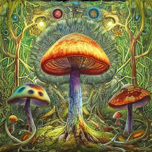 Image similar to psychedelic fantasy forest with glowing mushrooms and eerie trees in the style of Ernst Haeckel and Daniel Merriam, perfect award winning album art