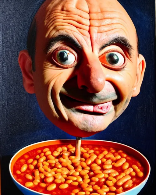 Image similar to portrait of mr bean's face in a bowl full of baked beans, head fully covered in beans and tomato sauce, beans in his eyes sockets, tomato sauce coming from his eyes, open mouth overflowing with baked beans, rowan atkinson, muted colors, surrealist oil painting, highly detailed