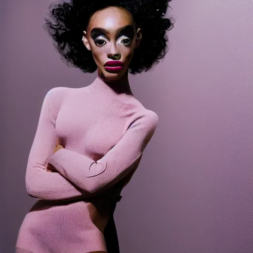 Image similar to realistic photoshooting for a new balenciaga lookbook, vhs colour photography, portrait of model Winnie Harlow woman, in style of Tyler Mitchell, 35mm,