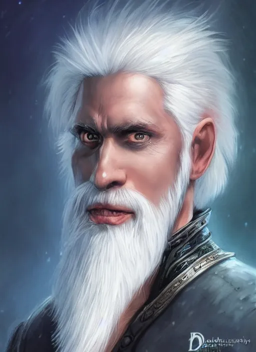 Image similar to man with white hair and white goatee, dndbeyond, bright, colourful, realistic, dnd character portrait, full body, pathfinder, pinterest, art by ralph horsley, dnd, rpg, lotr game design fanart by concept art, behance hd, artstation, deviantart, hdr render in unreal engine 5