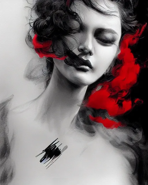 Image similar to black red ink smoke portrait, by WLOP and tony sart, artstation