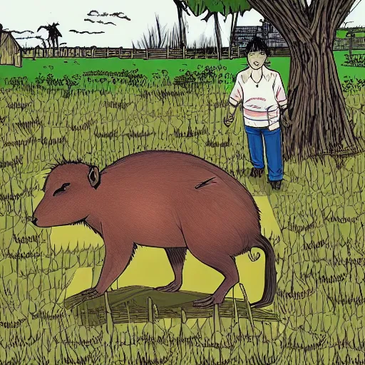 Prompt: a giant capybara zombie behind a village, digital drawing, manga style, by junji ito