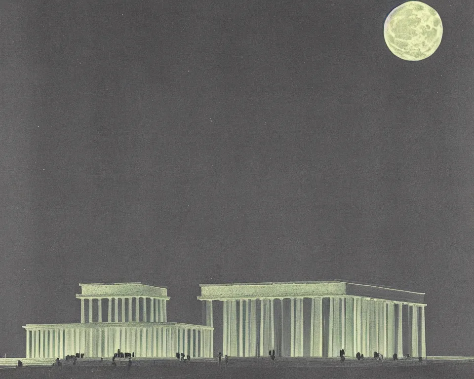 Image similar to beautiful print of the Lincoln Memorial bathed in moonlight by Hasui Kawase and Lyonel Feininger.