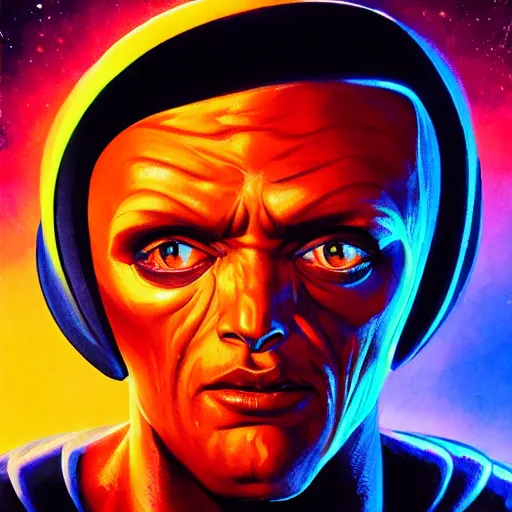 Prompt: Bright, colorful, realistic space-opera alien rpg single individual headshot dramatic backlighting, kodachrome, high contrast, highly detailed, sharp focus, digital painting, concept art, illustration, trending on artstation, comic book by Alex Ross cover art