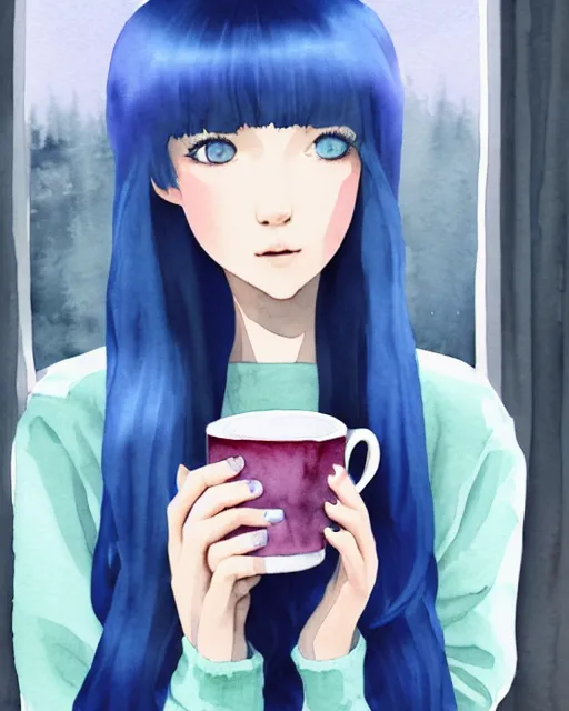 Image similar to watercolor painting of a pretty girl with Blue hair, wearing an oversized sweater, sitting by a windowsill, night, holding a mug of hot tea. In the style of ilya kuvshinov, dramatic lighting, fantasy, intricate, elegant, highly detailed, lifelike, photorealistic, digital painting, bokeh, HDR, high resolution, artstation, concept art, smooth, sharp focus, art by Krenz Cushart and Albert Aublet