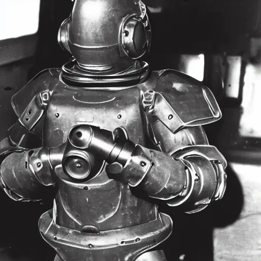 Prompt: war photography usa fission powered power armor 1 9 5 0 s