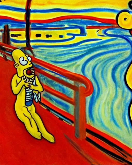 Prompt: a painting of homer simpson screaming in the scream by edvard munch