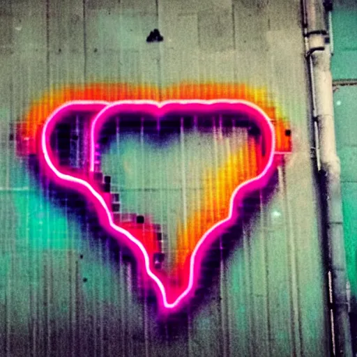 Prompt: pixel heart shaped portal to a neon colored world, on an industrial exterior