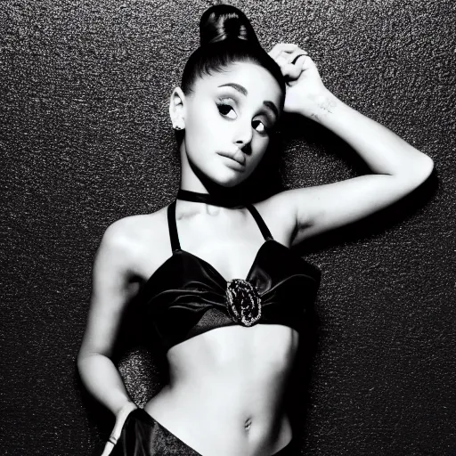 Prompt: Ariana grande, photograph, black background, swimsuit, posing, new song, 4k photo, famous photograph